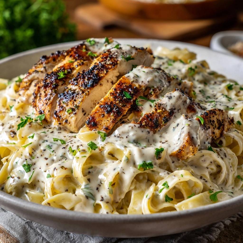 Blackened chicken fettuccine alfredo served in a bowl, sliced chicken breast generously coated in creamy sauce.