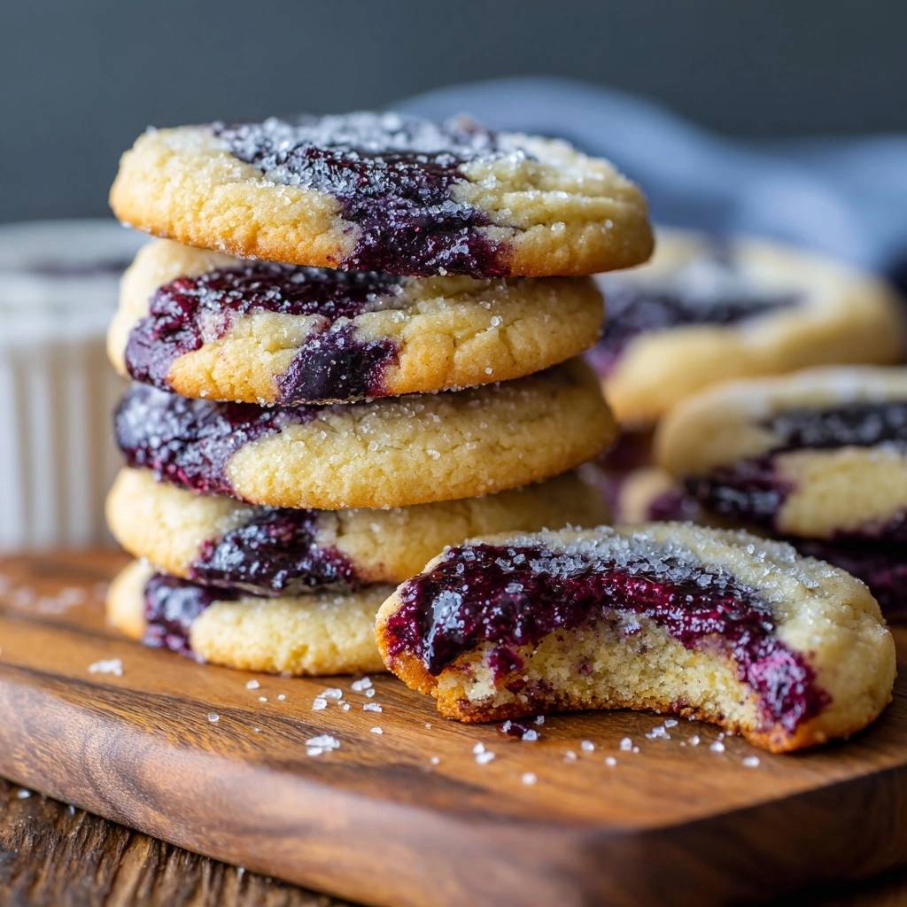 Blueberry jam thumbprint cookies shown in a close-up cross-section revealing the jam filling and sugar topping.