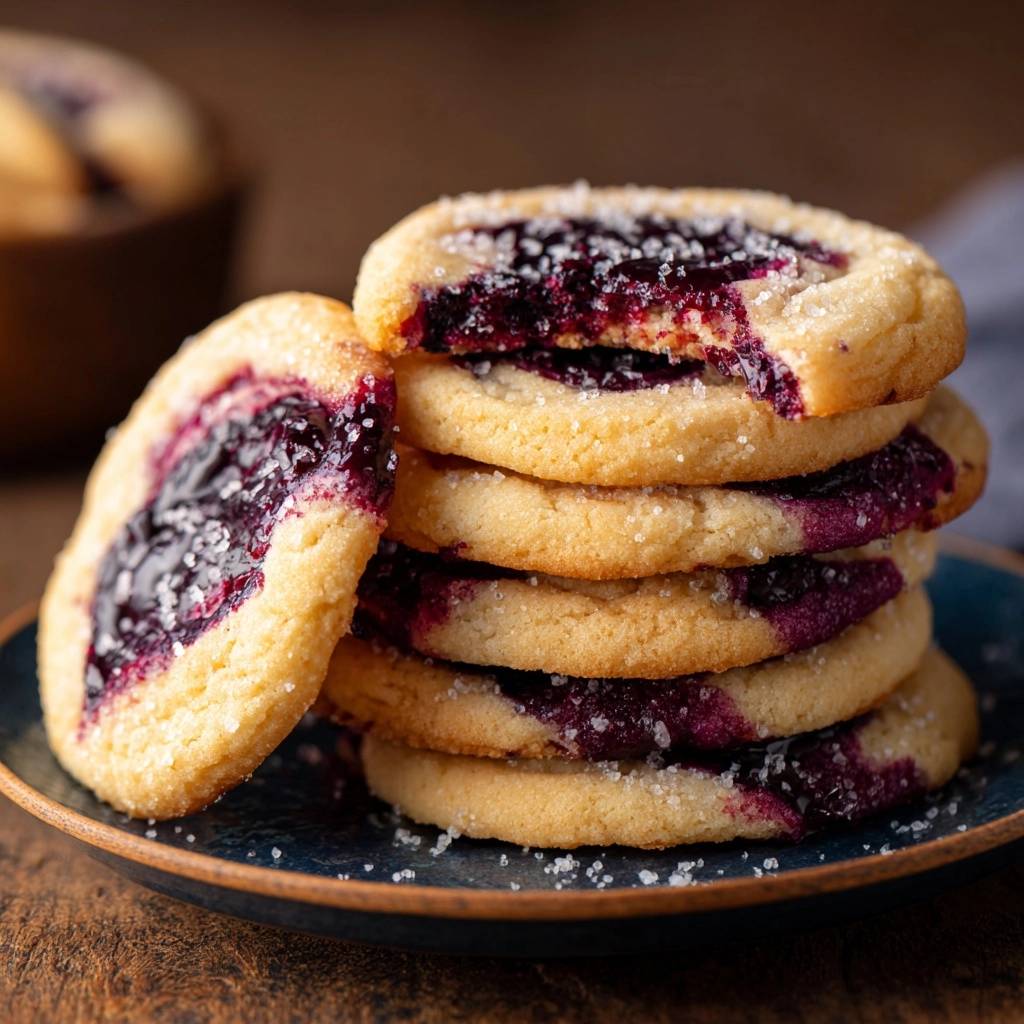 Blueberry jam thumbprint cookies stack with a cross-section revealing the jam filling and cookie texture.