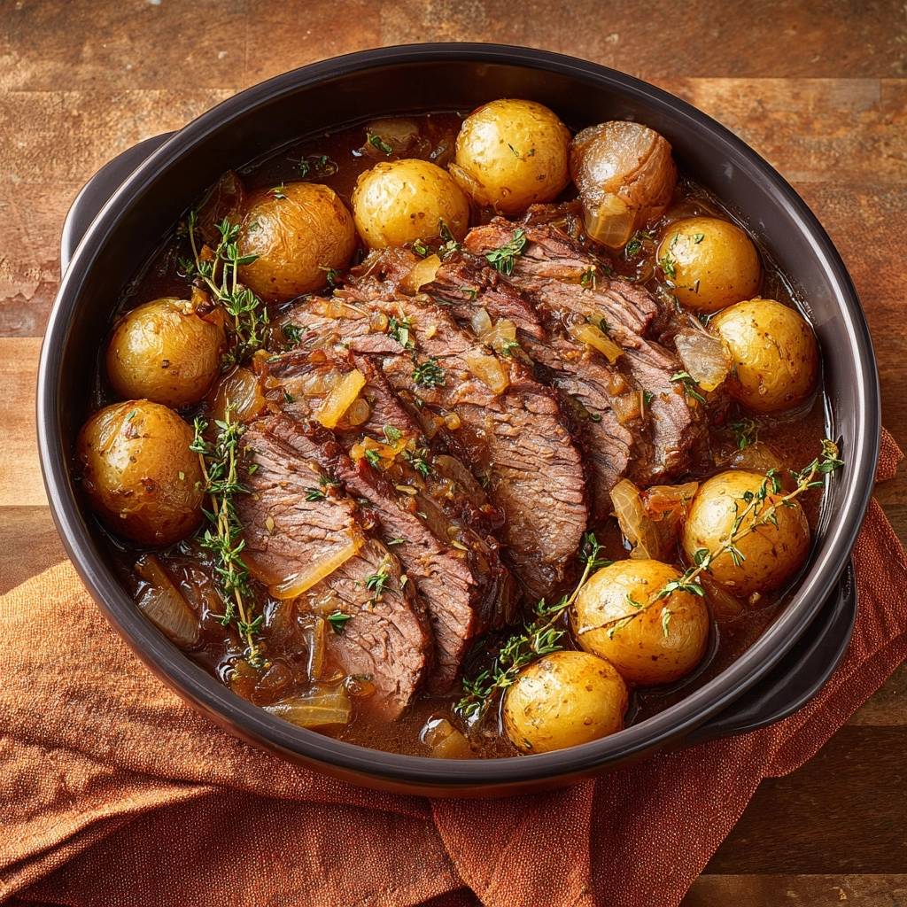 Tender braised beef with baby potatoes and pearl onions served in a dark oval dish, viewed from directly above.