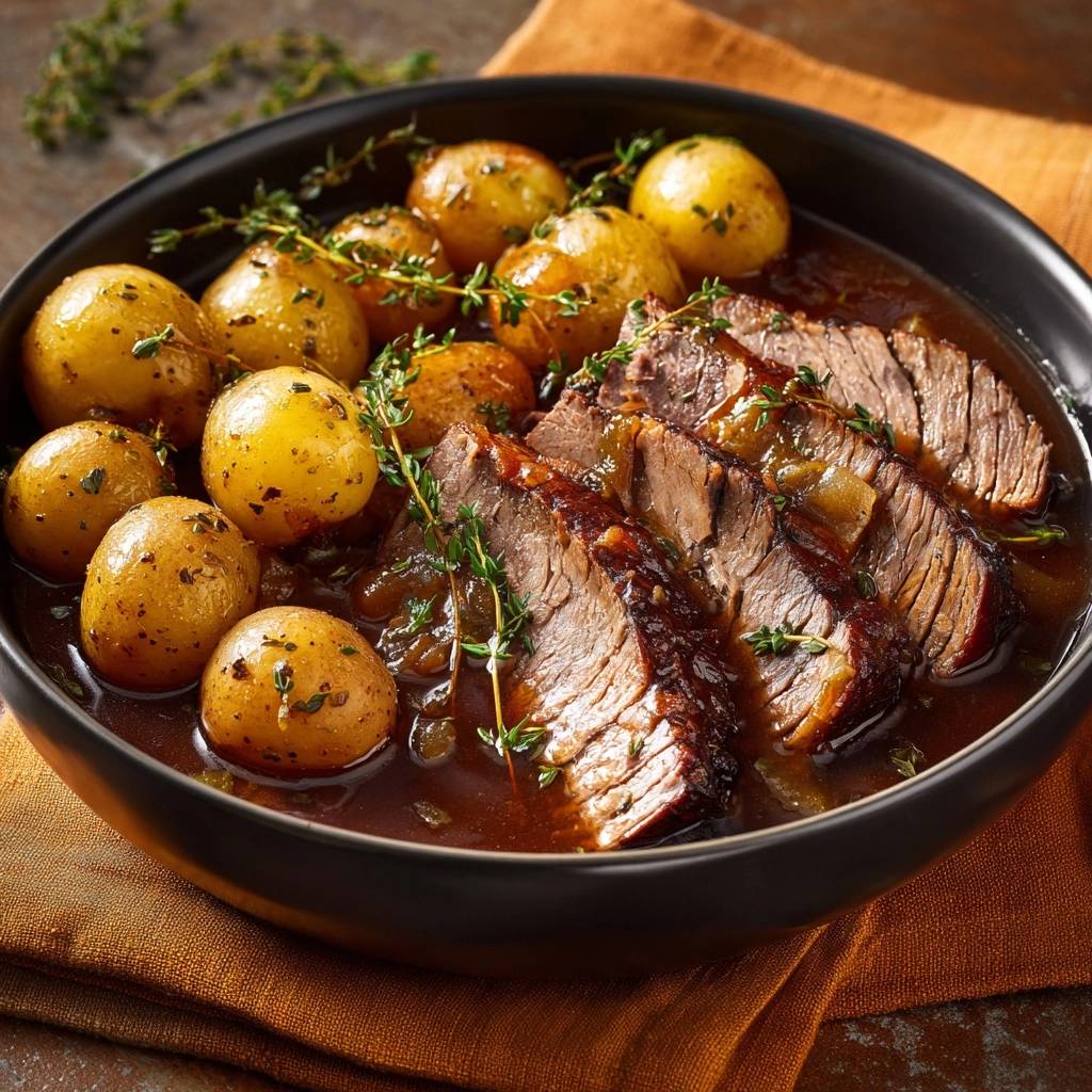 Tender braised beef with baby potatoes and pearl onions, sliced and served in a bowl with fresh thyme garnish.