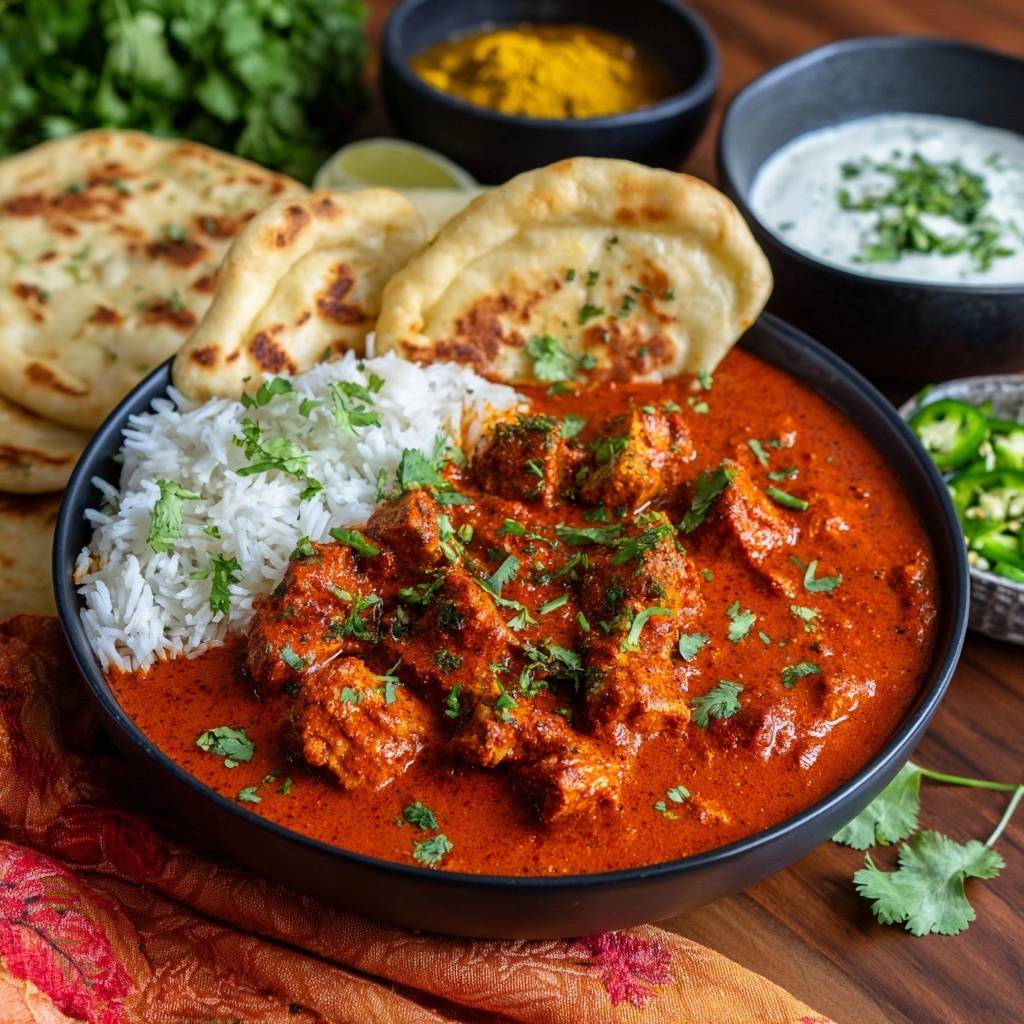 Butter chicken with rice and naan served in a black bowl, garnished with fresh cilantro.
