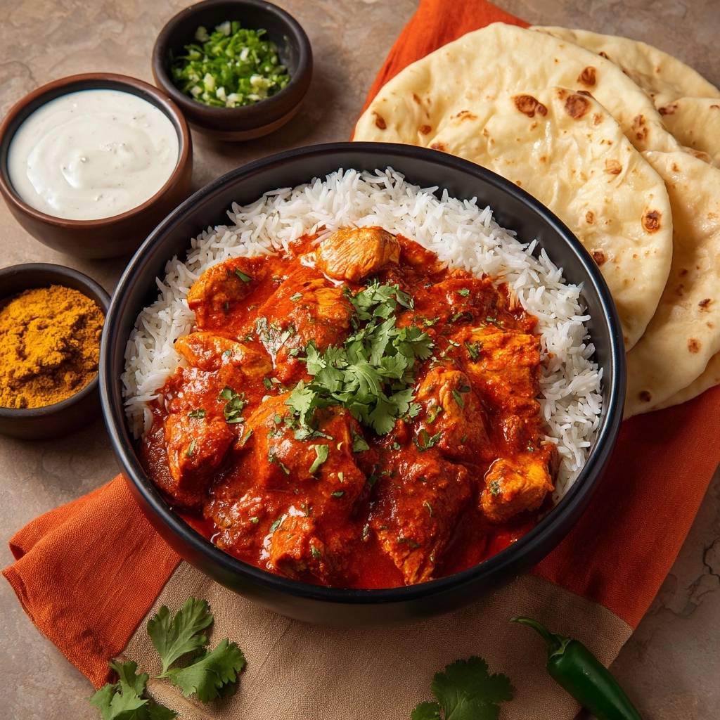 Butter chicken with rice and naan served in a black bowl, with small bowls of raita, herbs, and spices.