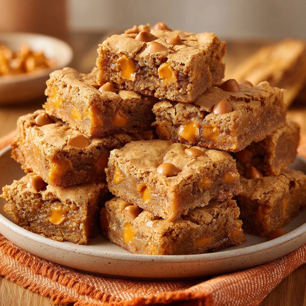 Butterscotch blondie bars stacked high, showing a close-up view of the gooey centers and butterscotch chips.