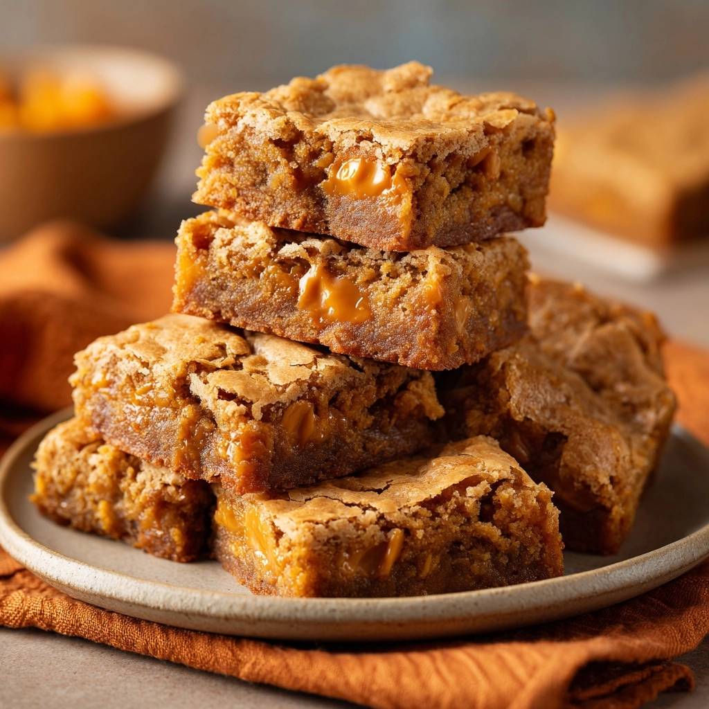 Butterscotch blondie bars stacked on a plate, showing a rich caramel interior cross-section.