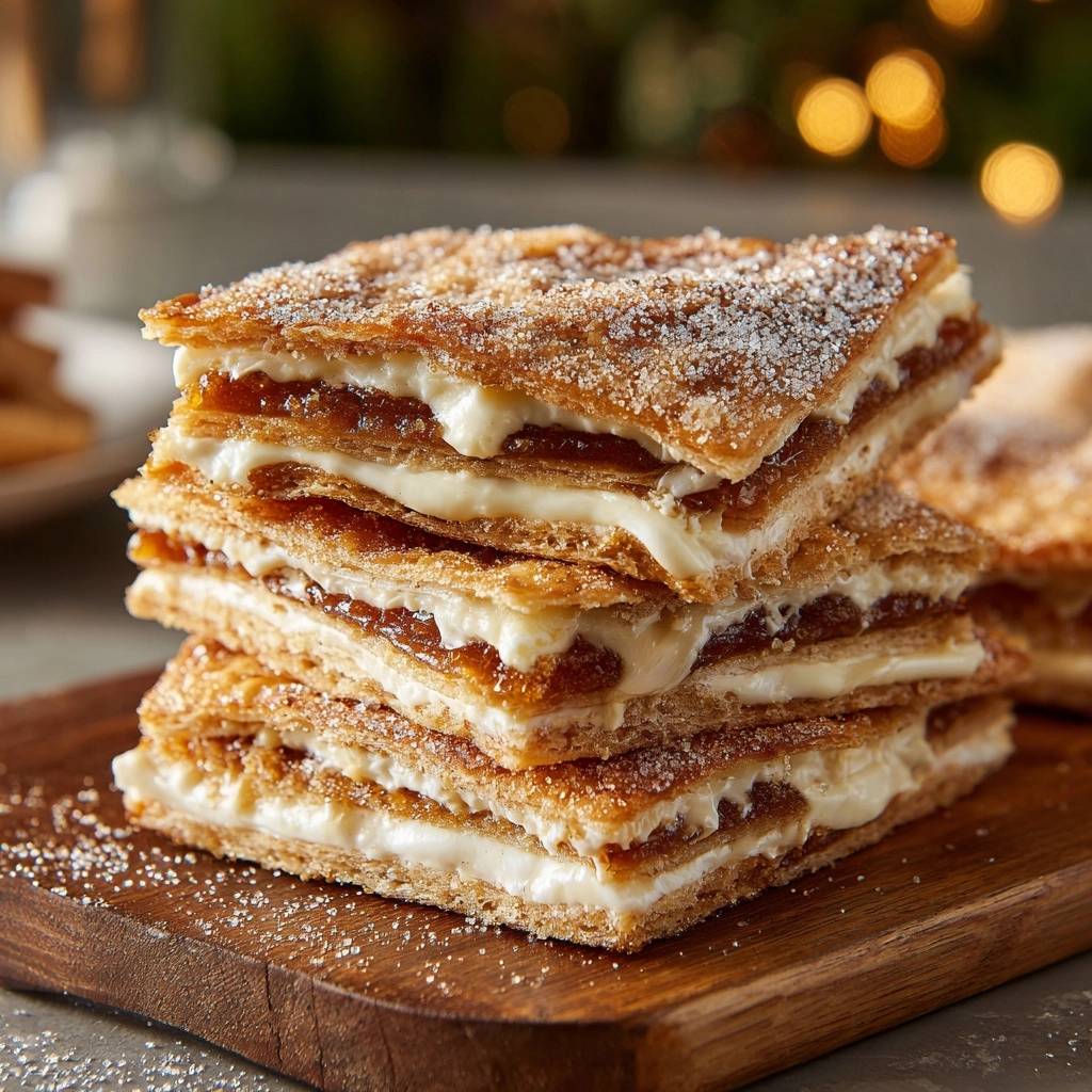 Caramel cream puff pastry squares stacked in a cross-section, showcasing layers of puff pastry, cream, and caramel filling.