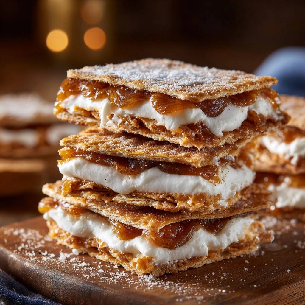 Caramel cream puff pastry squares showing stacked layers of flaky pastry, cream, and caramel filling, dusted with powdered sugar.