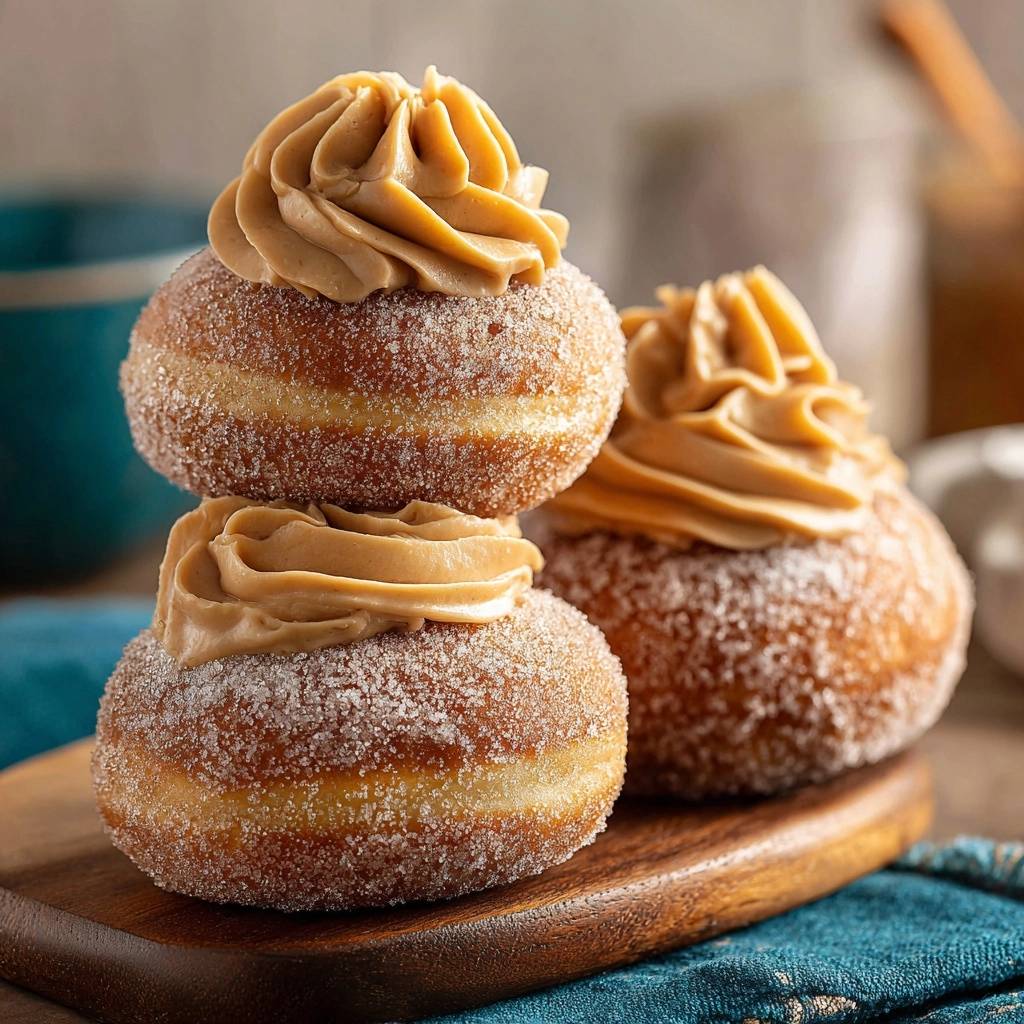Caramel frosted sugared donuts stacked high, showcasing the fluffy topping and textured sugar coating.
