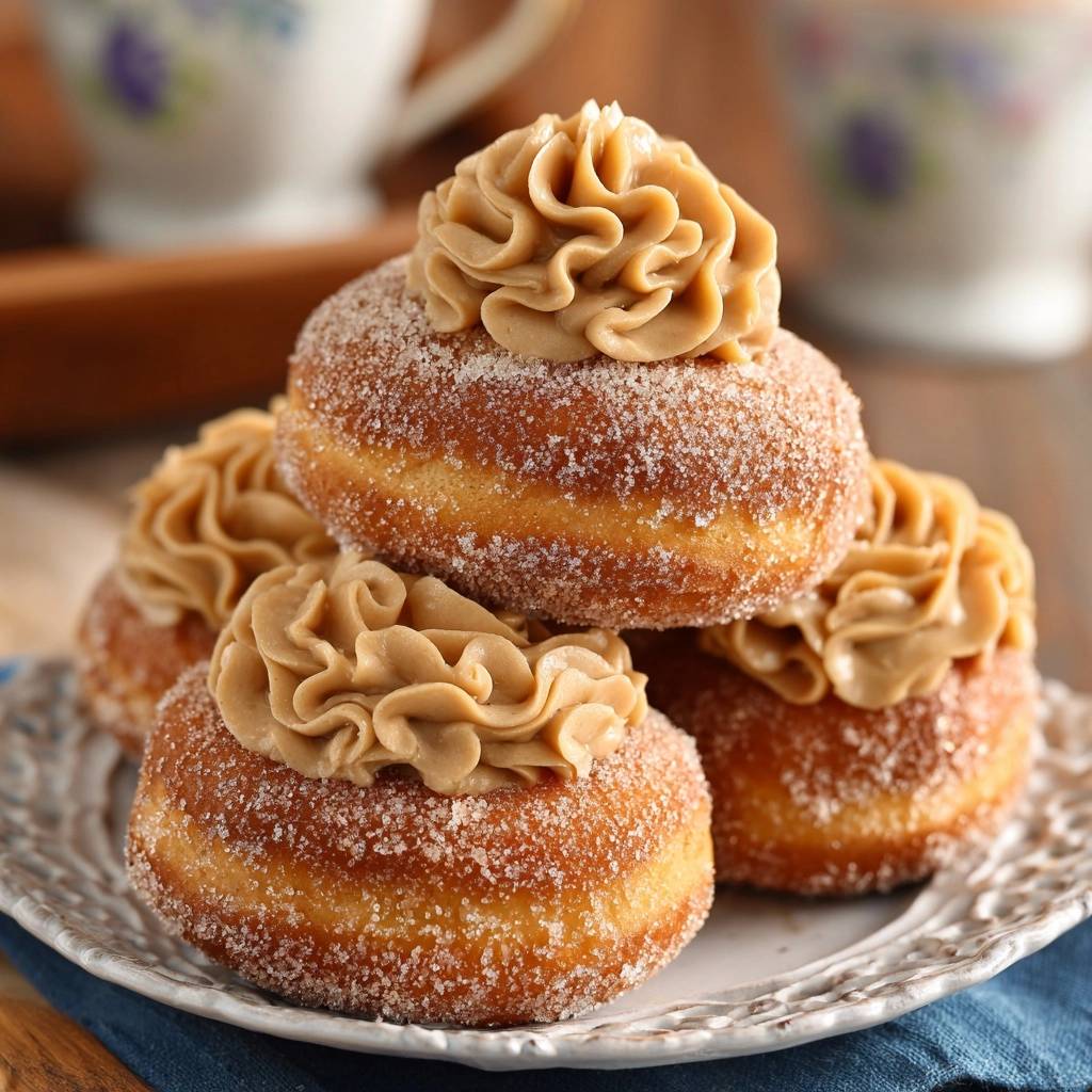 Caramel frosted sugared donuts are stacked on a plate, showcasing the piped caramel topping detail.