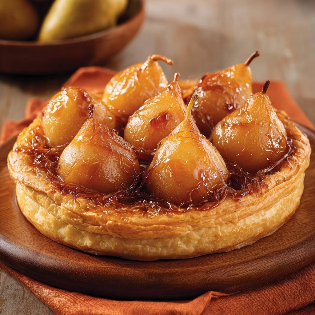 Caramel-glazed pear tart recipe featuring a close-up view of golden pears with a rich, glossy caramel glaze.
