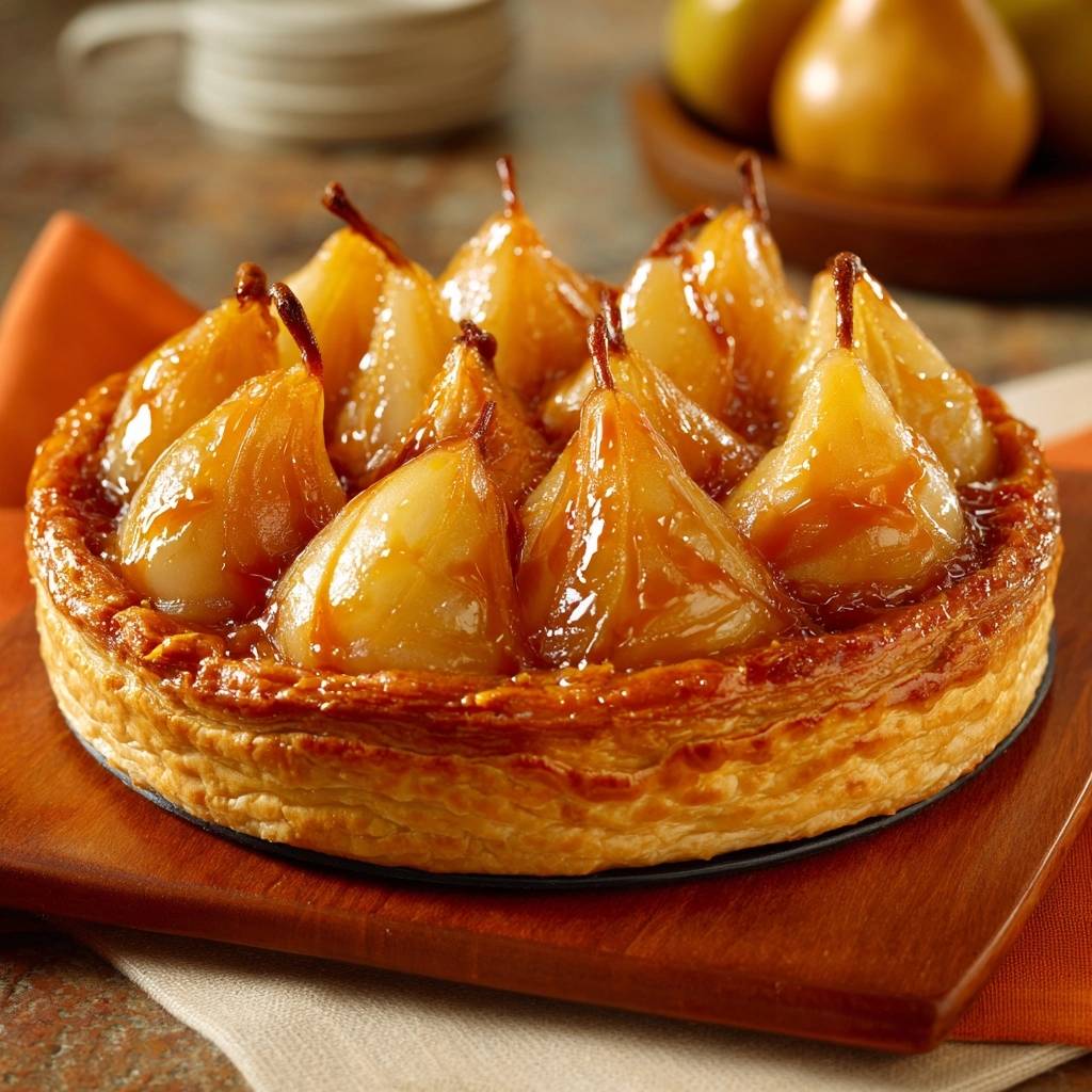 Caramel-glazed pear tart recipe shown from a top-down view with whole pears and golden crust.