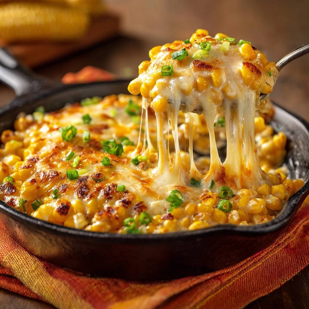 Cast iron cheesy corn casserole with a gooey cheese pull being lifted with a spoon, garnished with green onions.