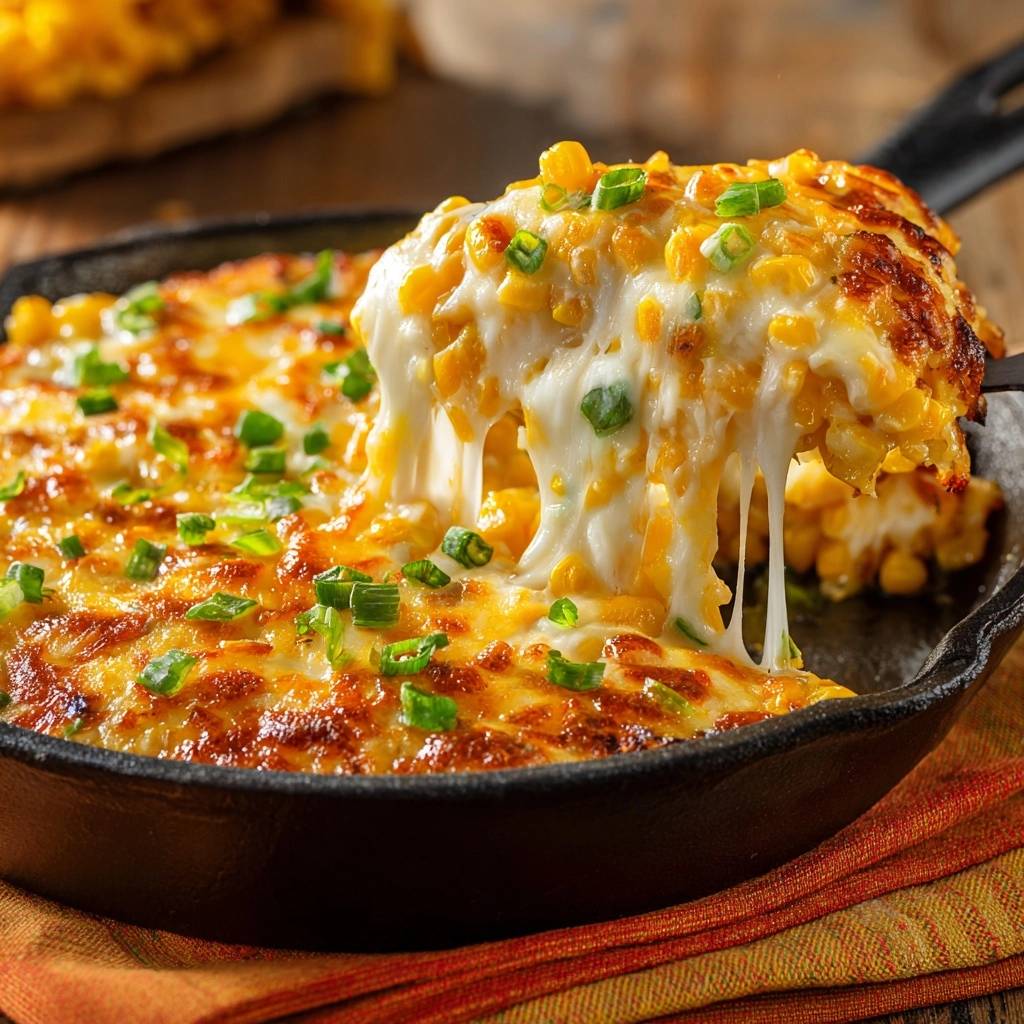 Cast iron cheesy corn casserole with strings of melted cheese being pulled from a serving.