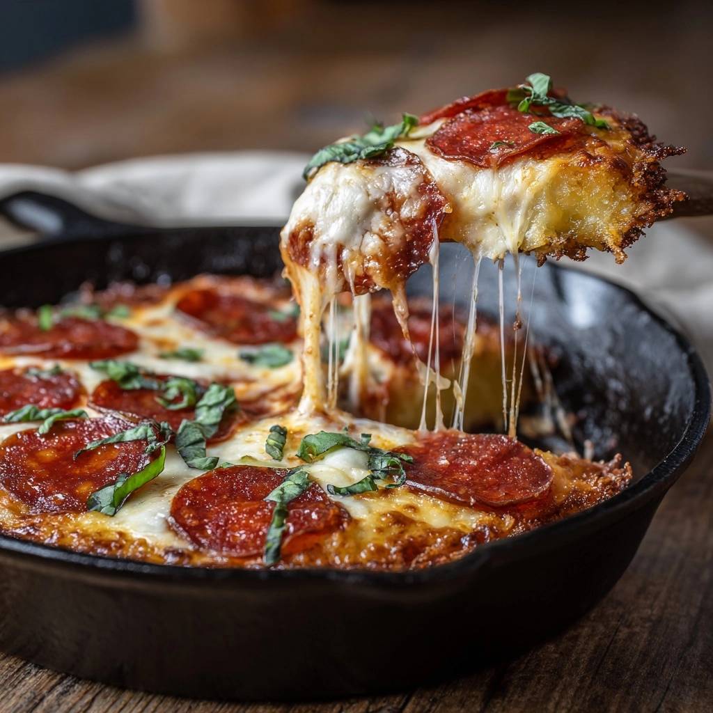 Cast iron pepperoni pizza with a slice being lifted, showing a generous cheesy pull and fresh basil.