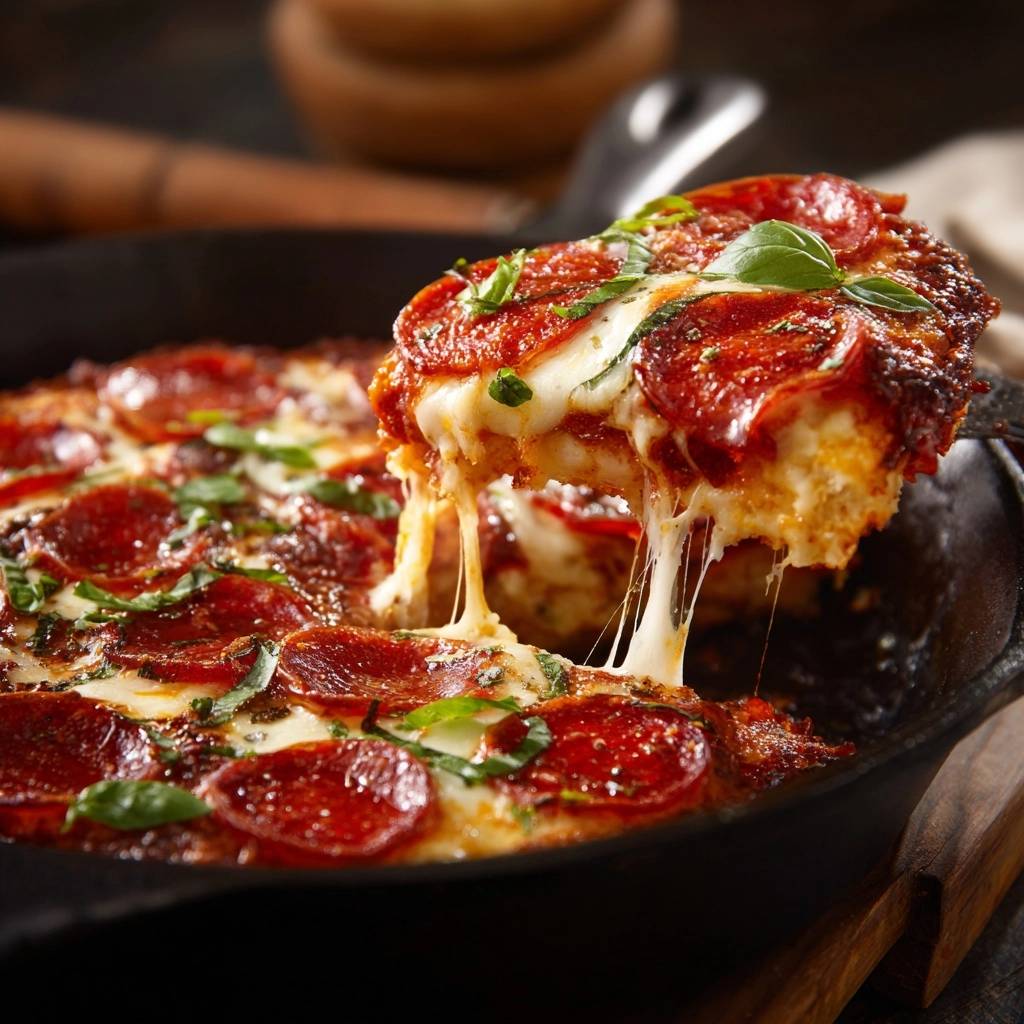 Cast iron pepperoni pizza with a slice being pulled, showing melted cheese stretching.