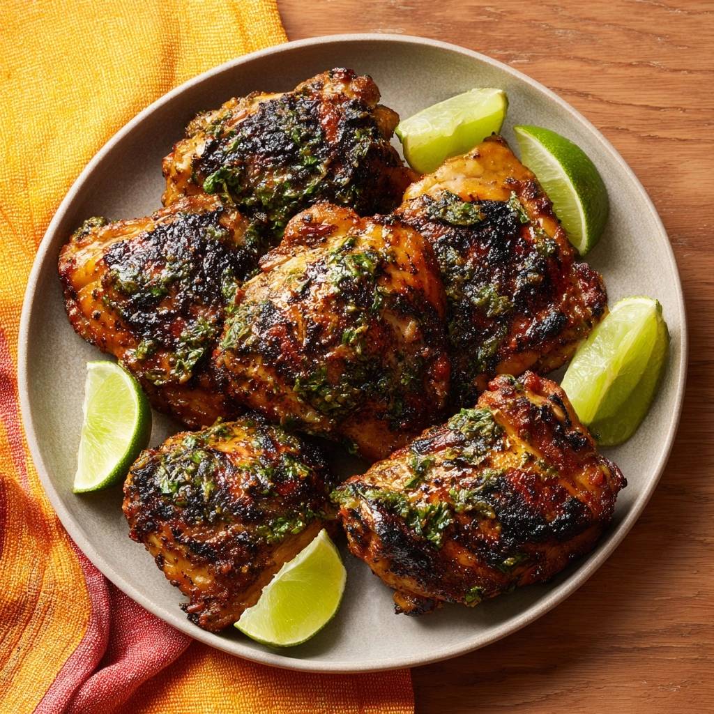 Charred cilantro-lime chicken thighs served on a plate with fresh lime wedges, viewed from directly above.