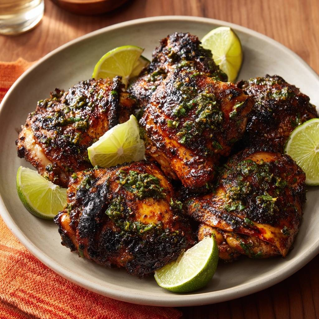 Charred cilantro-lime chicken thighs plated with fresh lime wedges on a rustic serving dish.