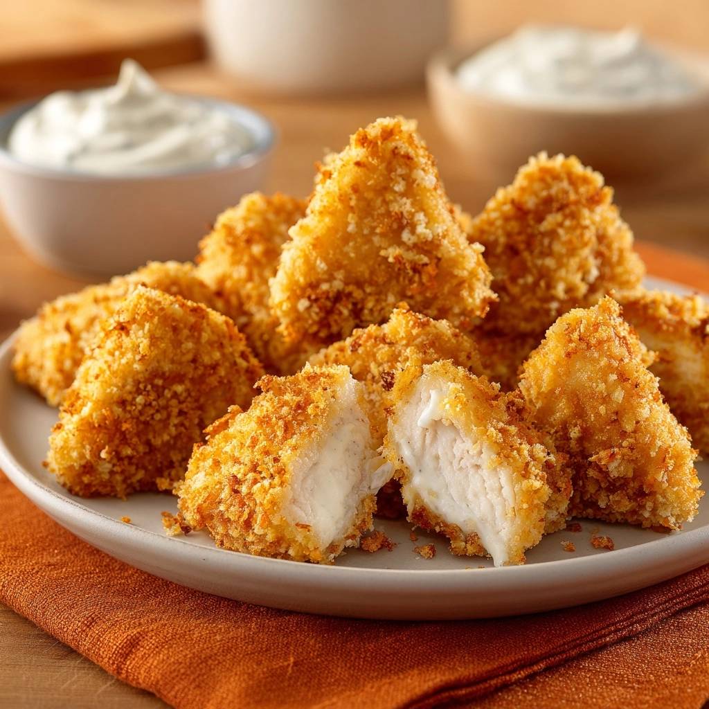 Crispy cheese-stuffed chicken bites shown in a close-up cross-section revealing the juicy interior and golden breading.