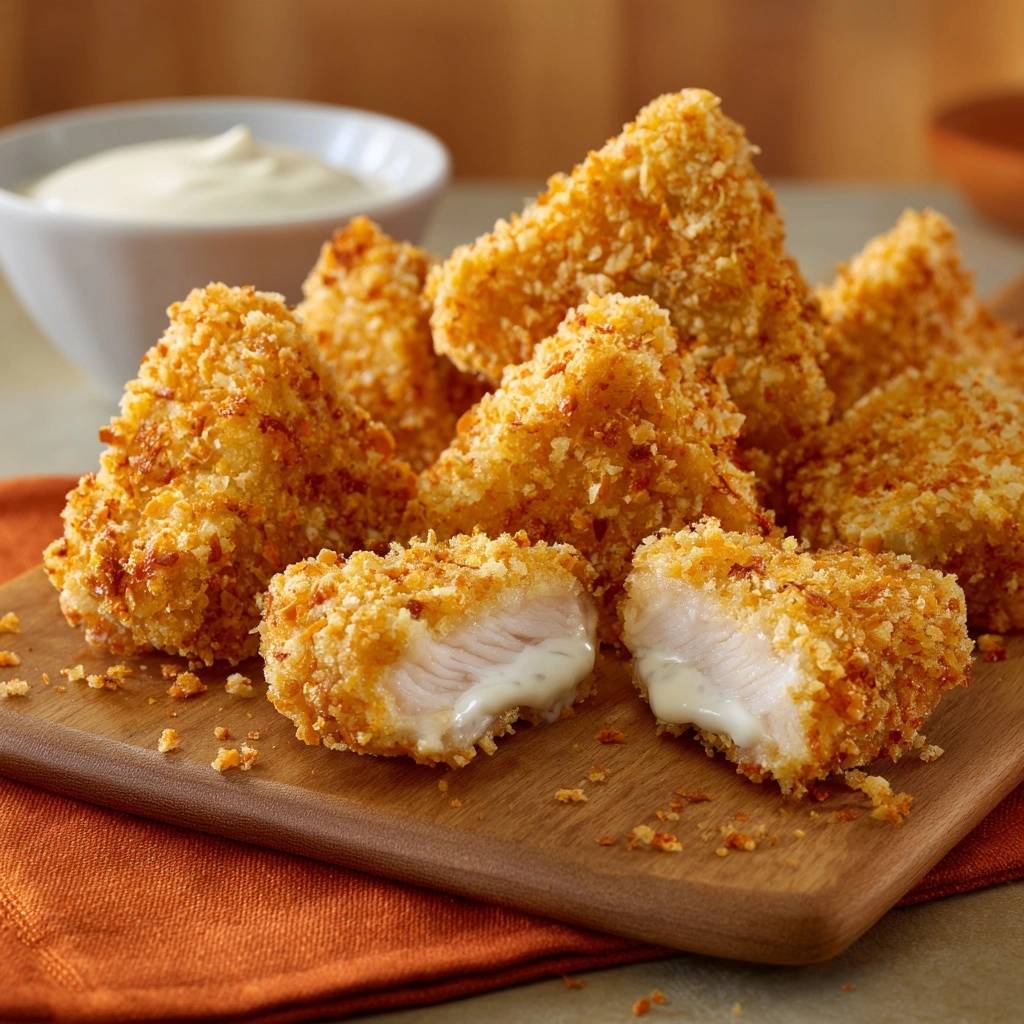 Crispy cheese-stuffed chicken bites shown in a close-up cross-section revealing the gooey cheese filling.