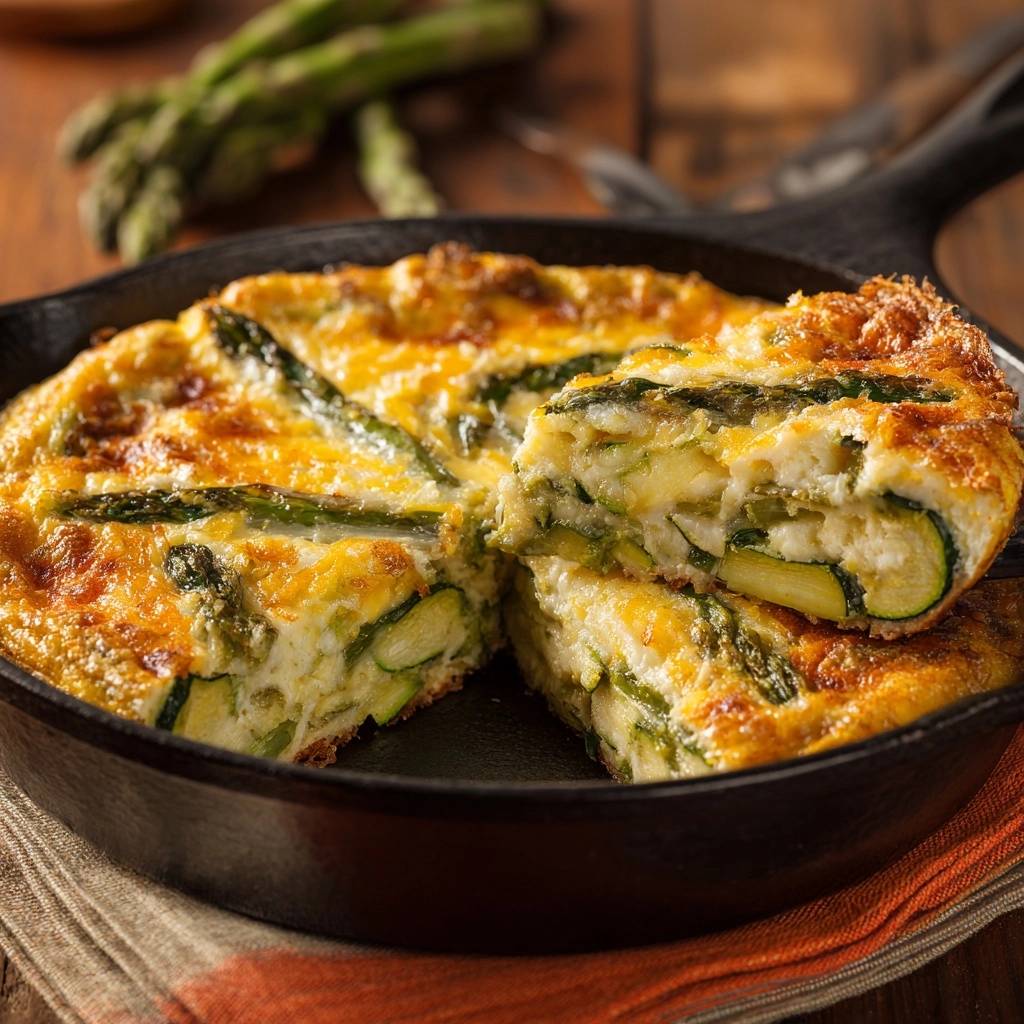 Cheesy asparagus zucchini frittata shown in a cross-section with layers of vegetables and melted cheese.