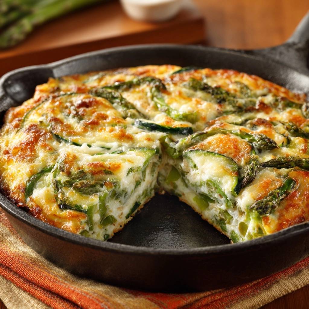 Cheesy asparagus zucchini frittata shown in a cast iron skillet with a cross-section revealing the fluffy interior and vegetables.