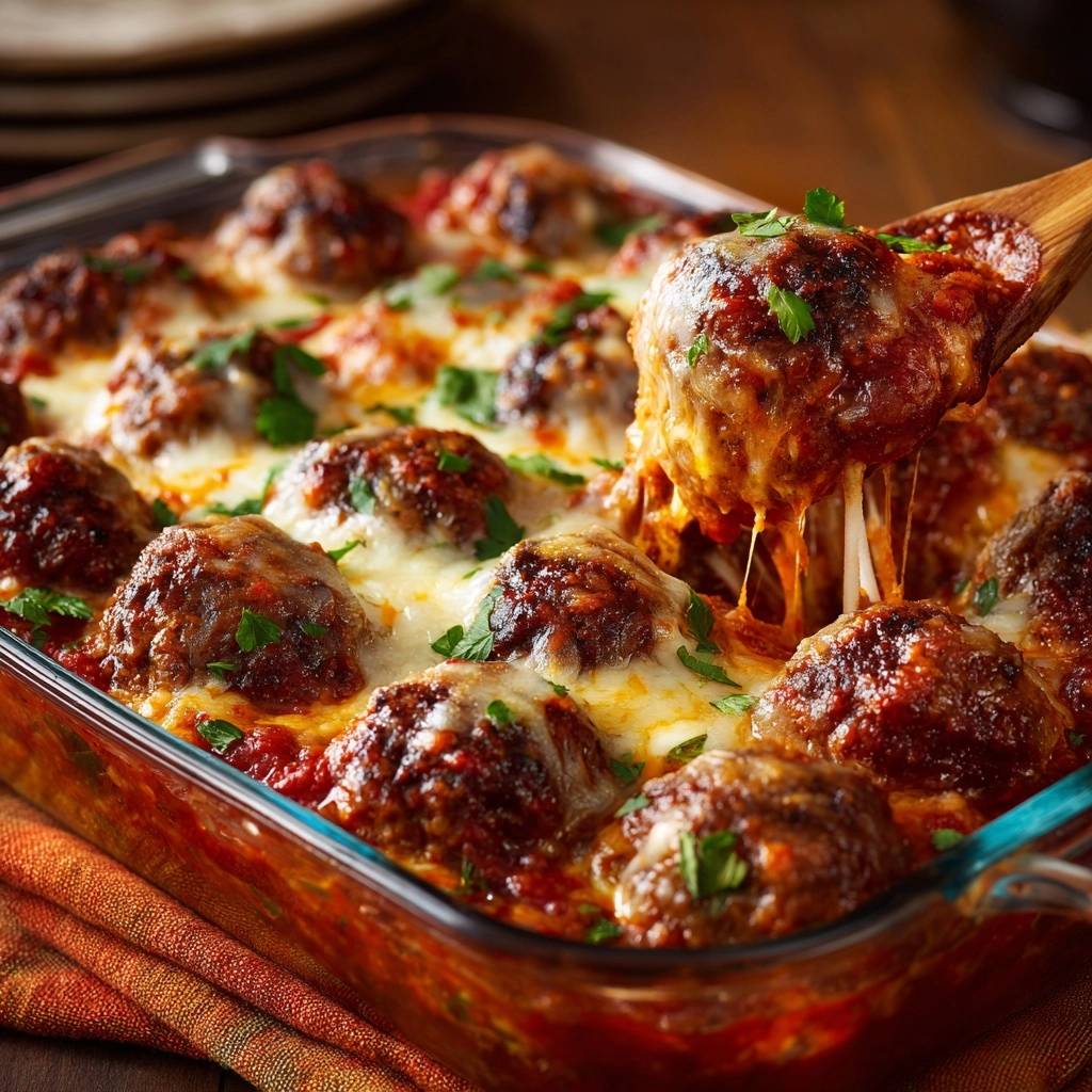 Cheesy baked meatball casserole with a gooey cheese pull as a wooden spoon lifts a meatball.