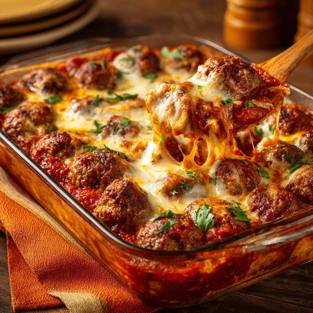 The ultimate cheesy baked meatball casserole with a spoon lifting a serving showing melted cheese.