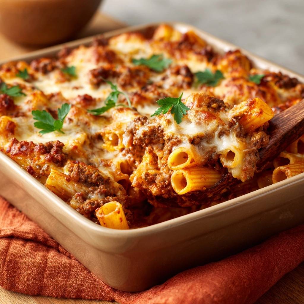 Cheesy baked rigatoni being served with a wooden spoon, showing the cheesy pasta and meat sauce.