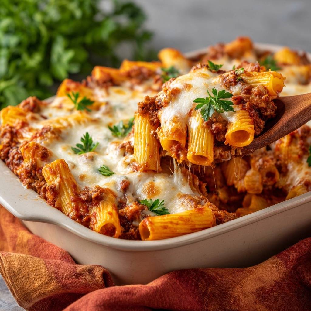 Cheesy baked rigatoni with a spoonful being lifted, showing melted mozzarella and rich meat sauce.