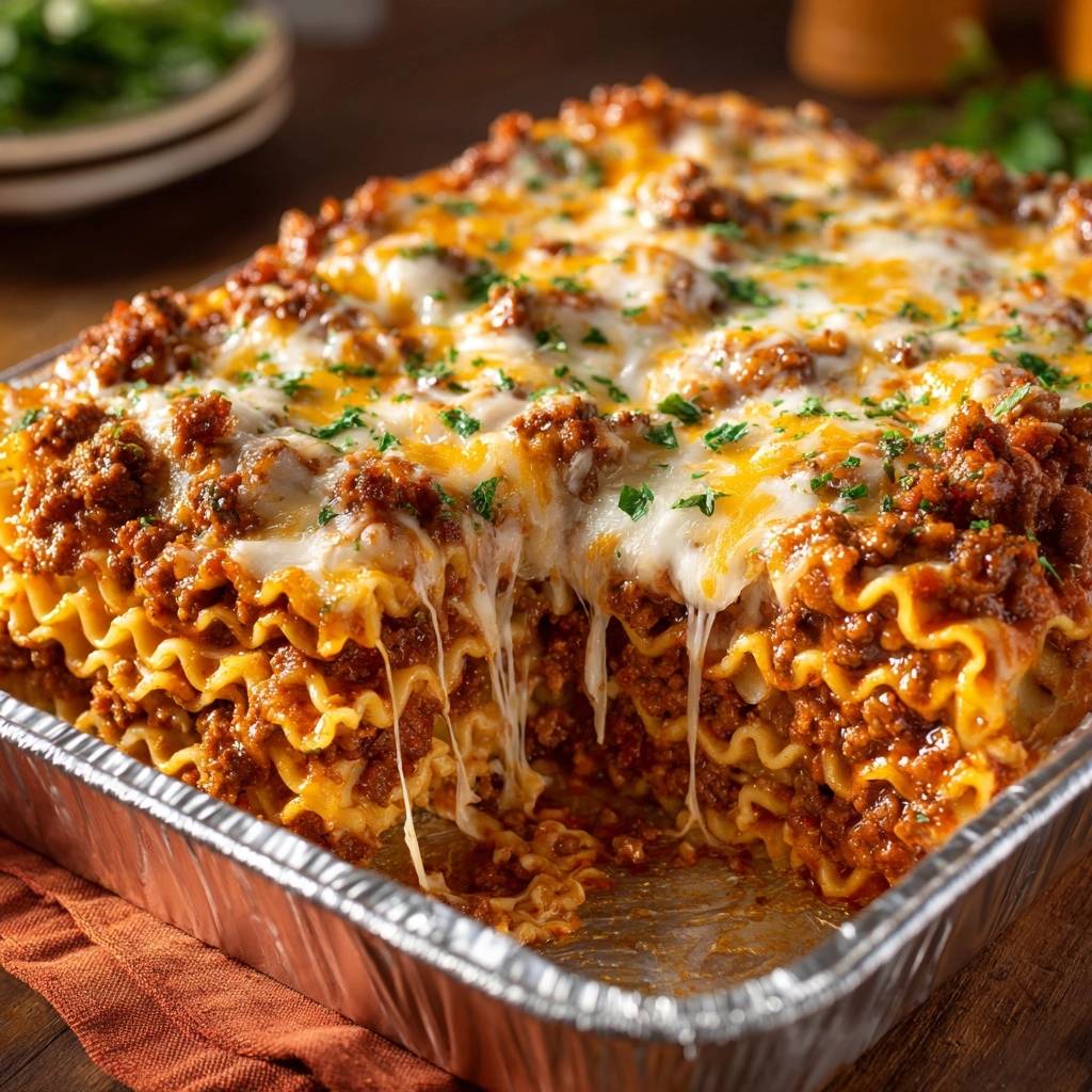 Cheesy beef lasagna cross-section revealing firm layers and gooey melted cheese, garnished with parsley.