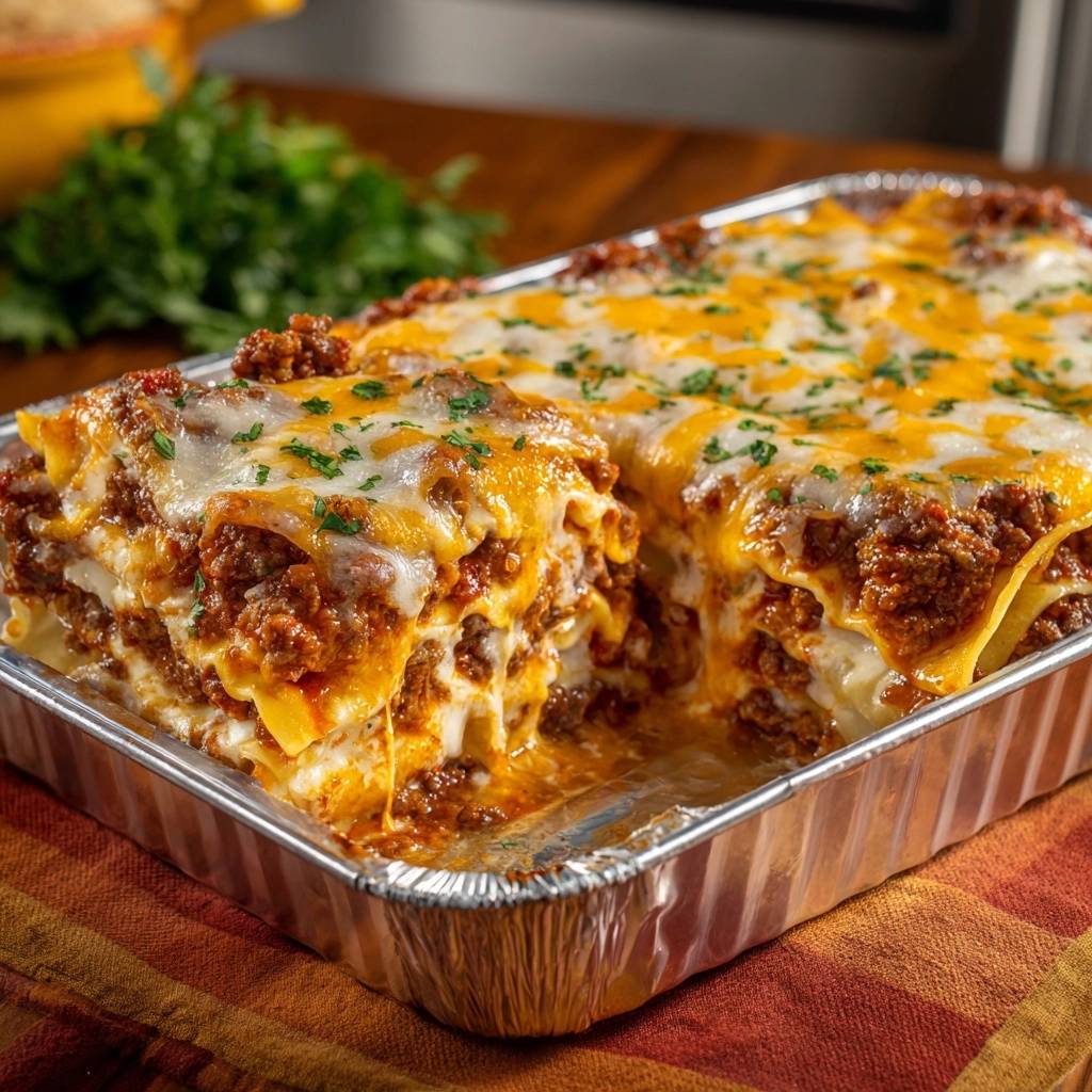 Cheesy beef lasagna with firm, sliceable layers shown in a close-up interior slice revealing distinct layers of pasta, meat sauce, and cheese.