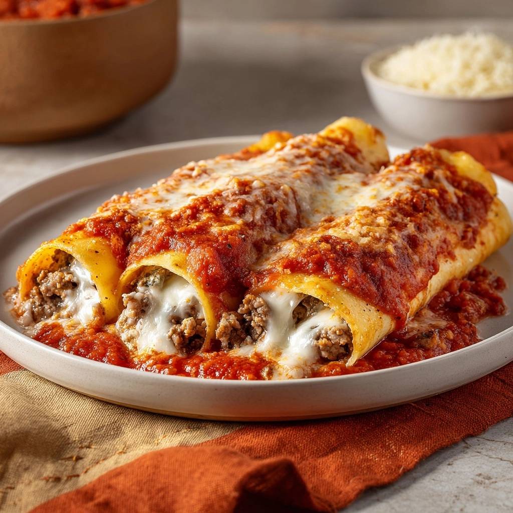 Cheesy beef manicotti without boiling shells, shown in a close-up with melted cheese and savory filling visible.