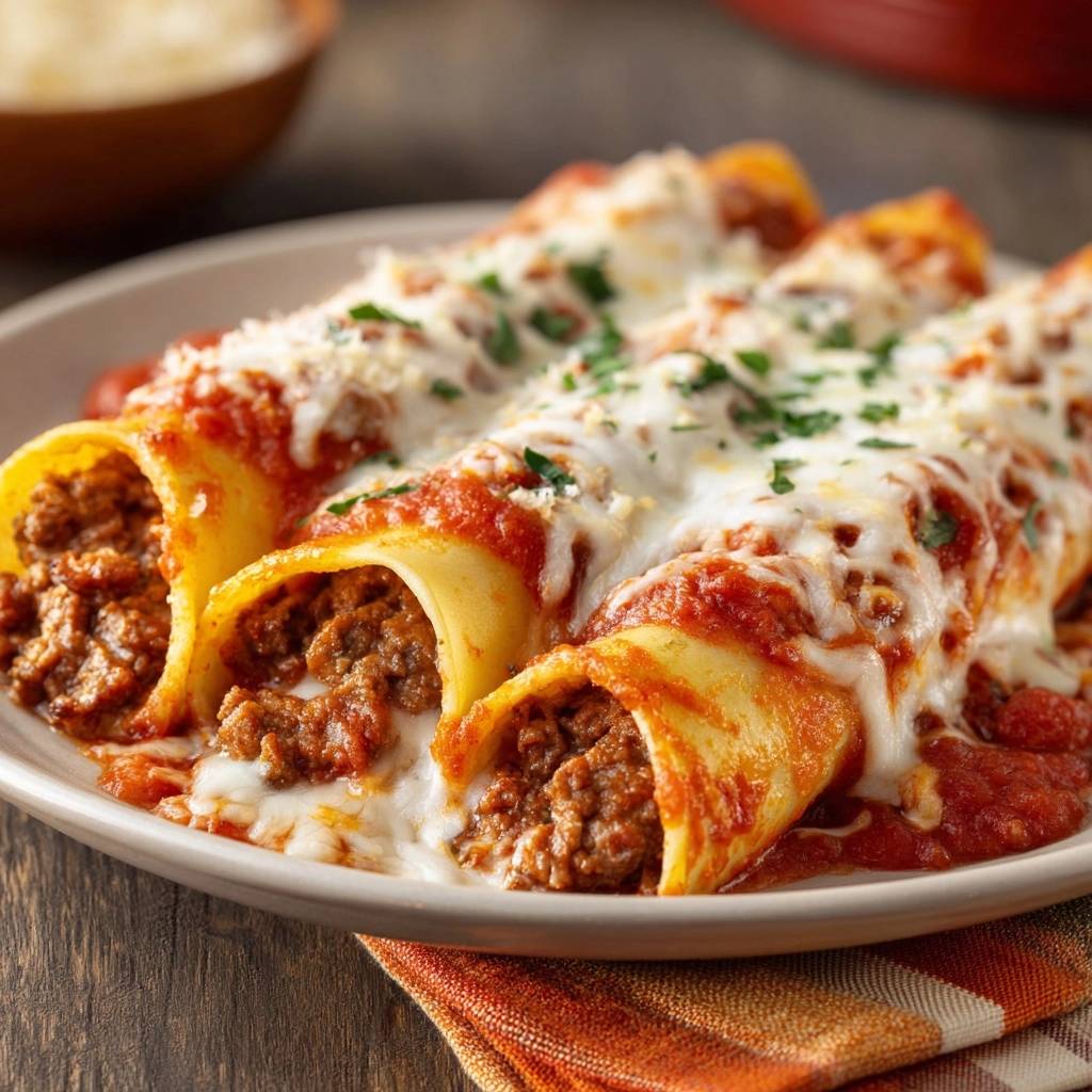 Cheesy beef manicotti without boiling shells, a close-up view showing the bubbling melted cheese and rich tomato sauce.