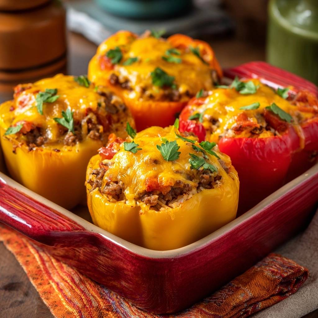 Cheesy beef stuffed peppers, close-up view of the baked dish with melted cheese and fresh parsley garnish.