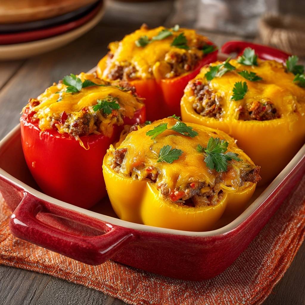 Cheesy beef stuffed peppers freshly baked and garnished with parsley in a red baking dish.