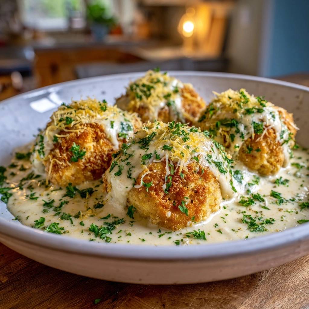 Crispy cheesy cauliflower balls in creamy sauce, shown in a close-up view with a rich sauce and fresh parsley garnish.
