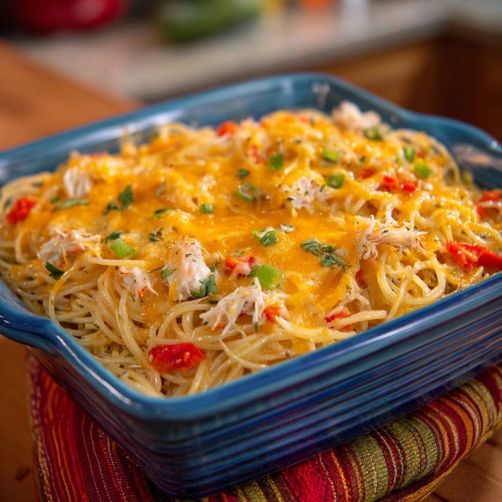 Cheesy chicken spaghetti bake presented in a blue baking dish, topped with melted cheddar and green onions.