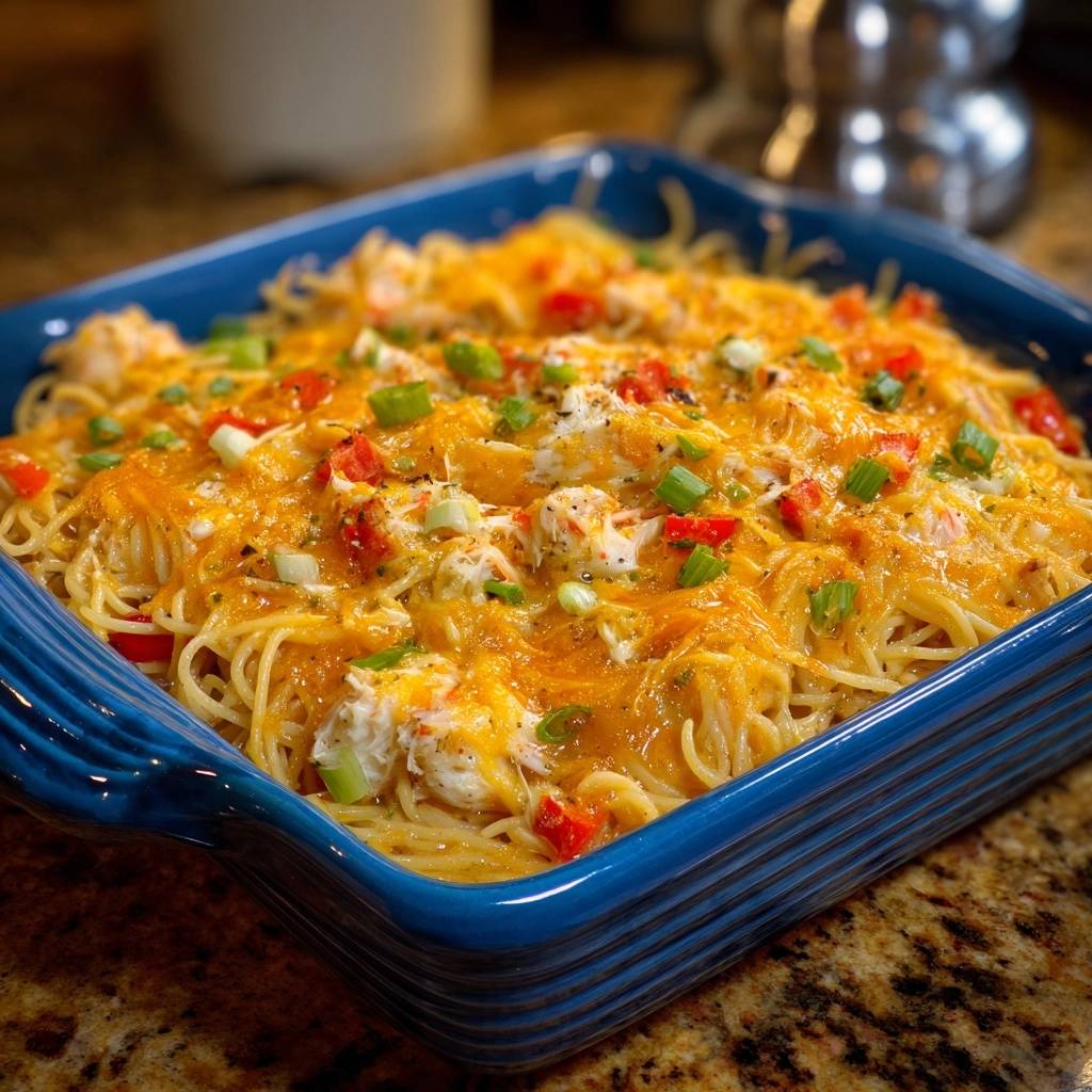 Cheesy chicken spaghetti bake, freshly baked and bubbling in a blue ceramic dish with chopped green onions and red peppers.