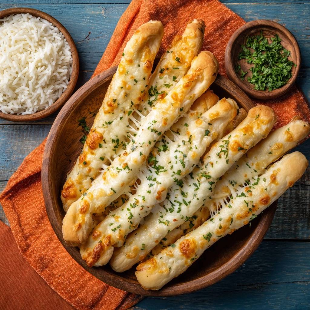Cheesy garlic breadsticks with melted cheese stretching, sprinkled with fresh parsley, presented in a wooden bowl.