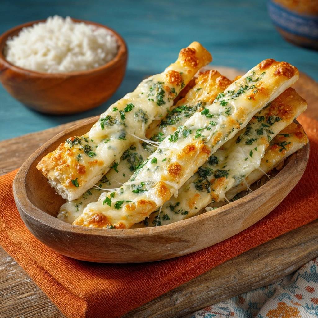 Cheesy garlic breadsticks with melted cheese and parsley, shown in a wooden bowl with a side of rice.