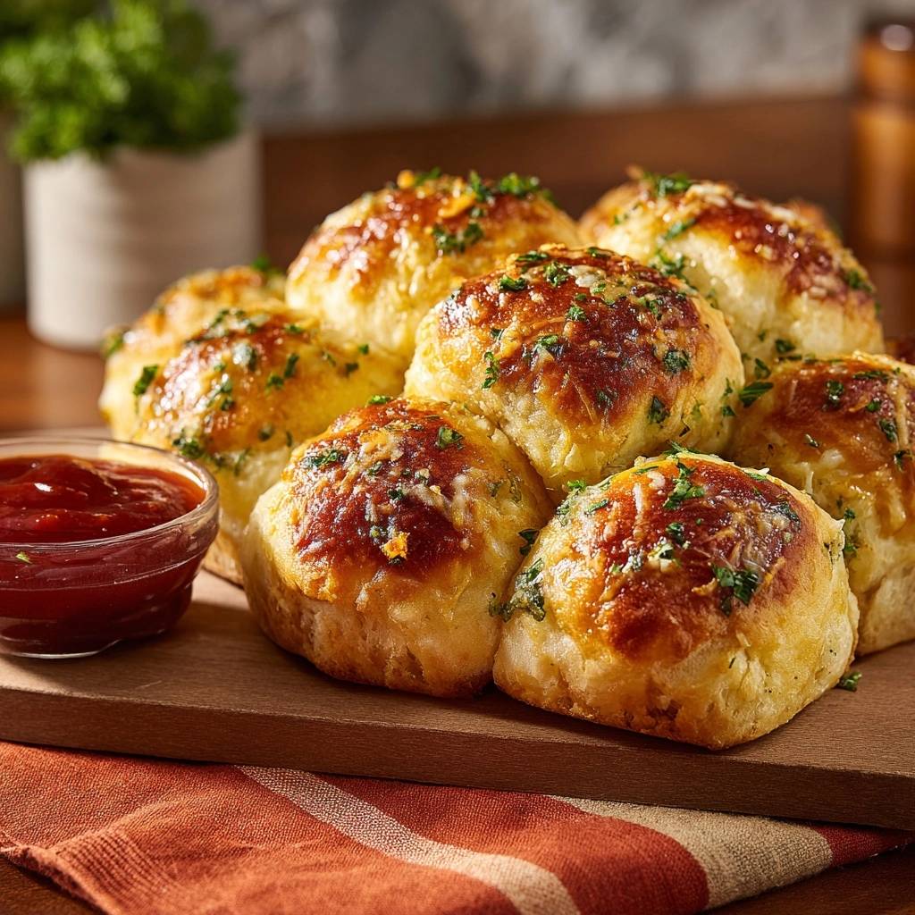 Cheesy garlic pull-apart rolls are freshly baked and garnished with fresh parsley and melted cheese.