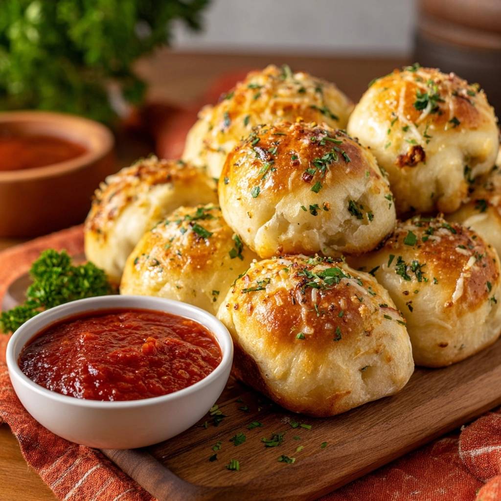 Cheesy garlic pull-apart rolls stacked and skewered with a side of marinara dipping sauce.