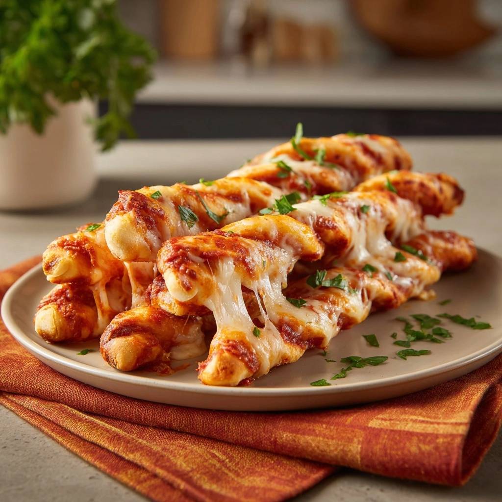 Cheesy marinara twists with a gooey melted cheese pull, garnished with fresh parsley on a plate.