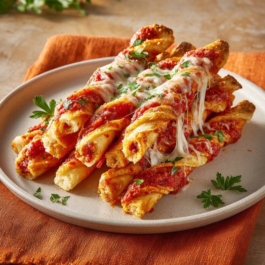 Cheesy marinara twists with melted mozzarella dripping down, a close-up view.