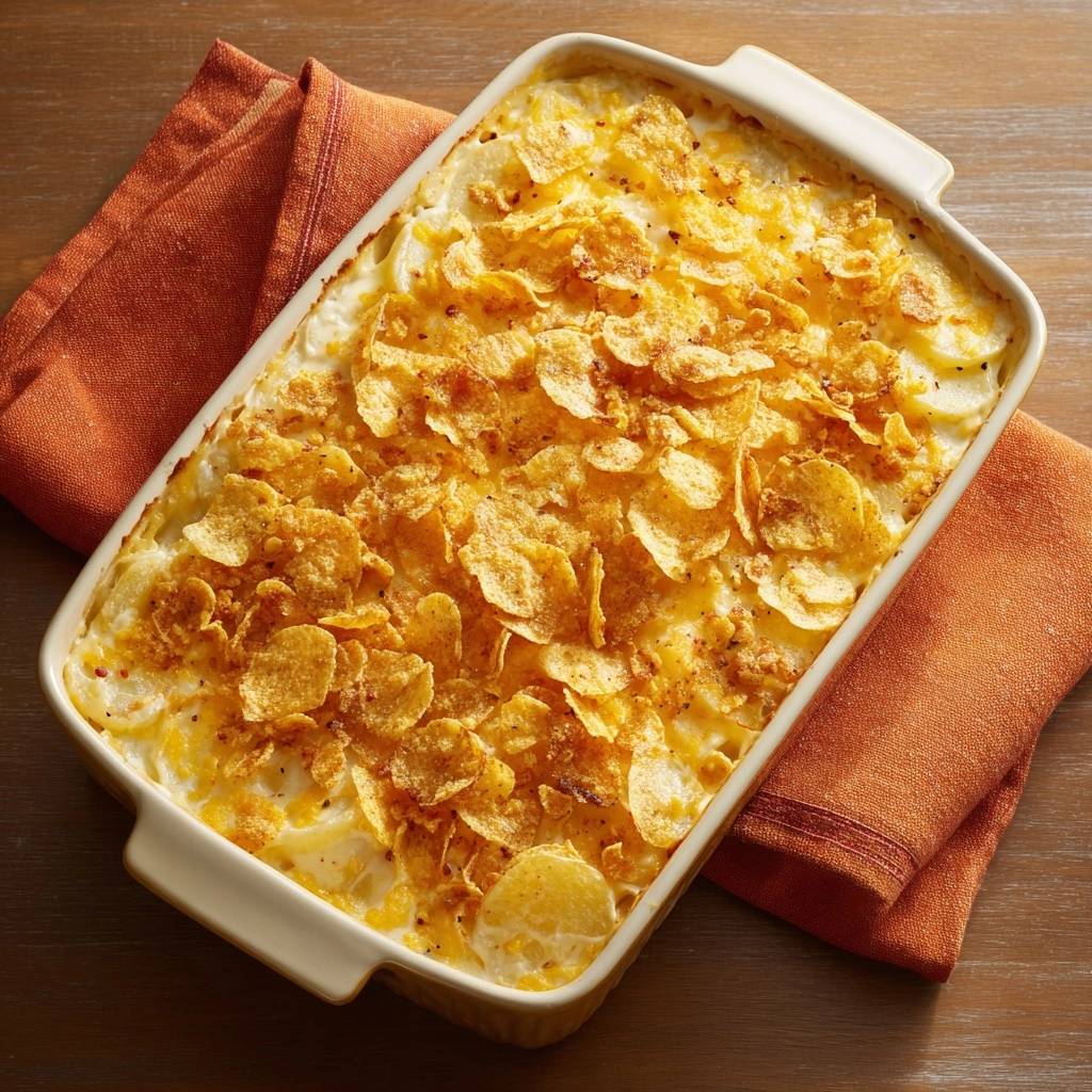 Cheesy potato casserole with a crispy chip topping, shown in a baking dish from an overhead perspective.