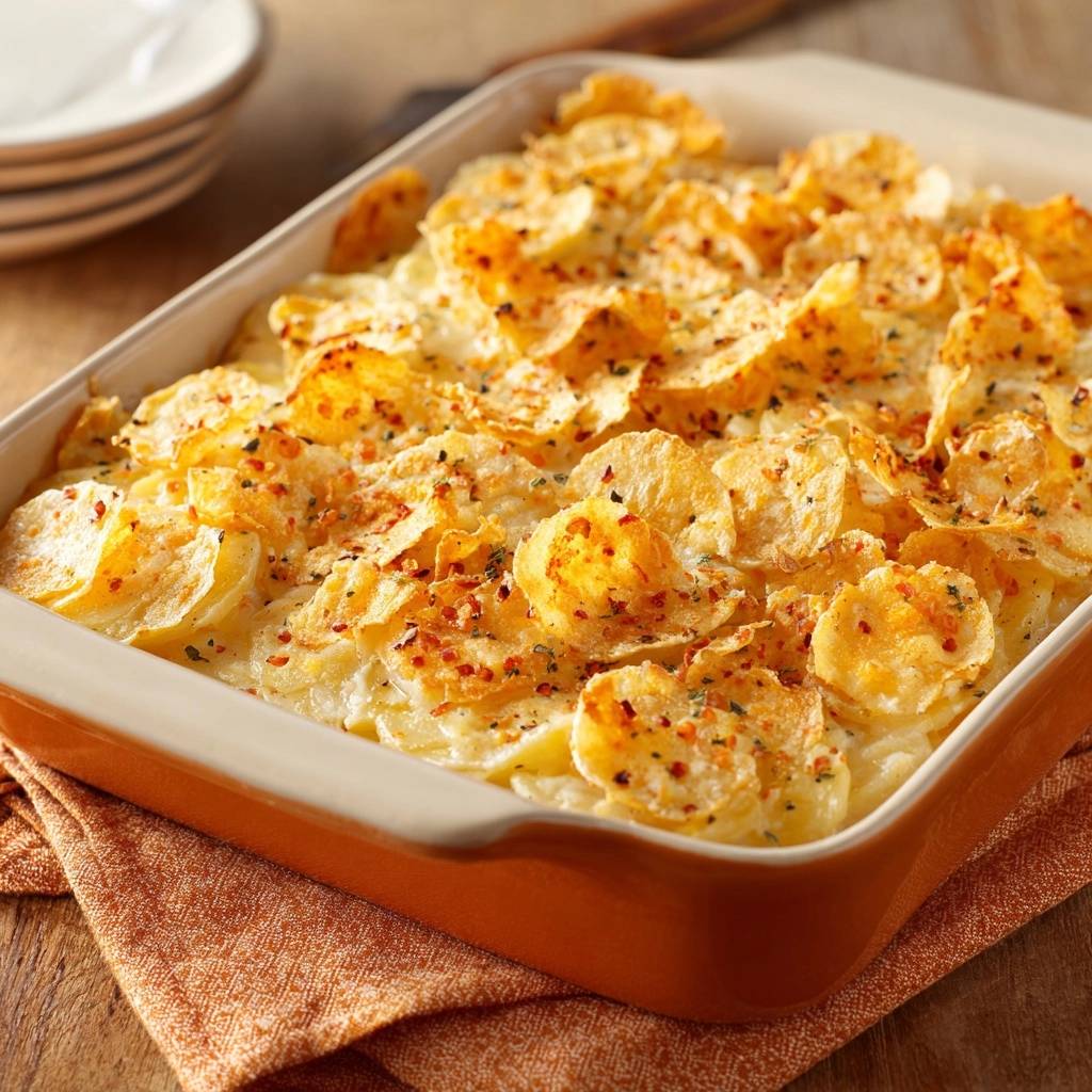 Cheesy potato casserole with a crispy chip topping, seasoned with red pepper flakes and herbs.