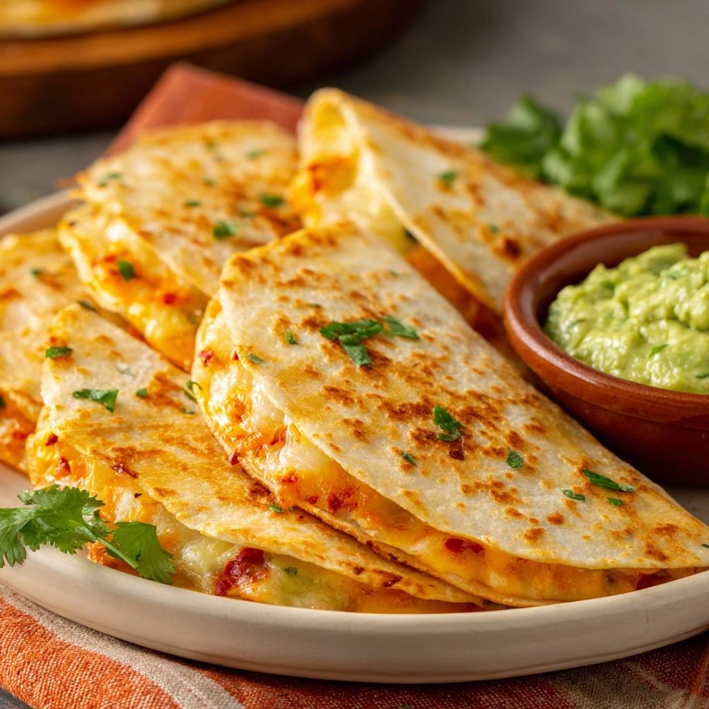 Crispy cheesy quesadillas plated with guacamole and garnished with cilantro, showcasing their golden-brown exterior.