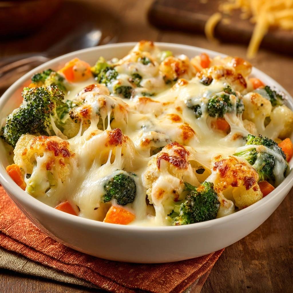 Cheesy roasted broccoli and cauliflower bake with strings of melted cheese stretching between florets.