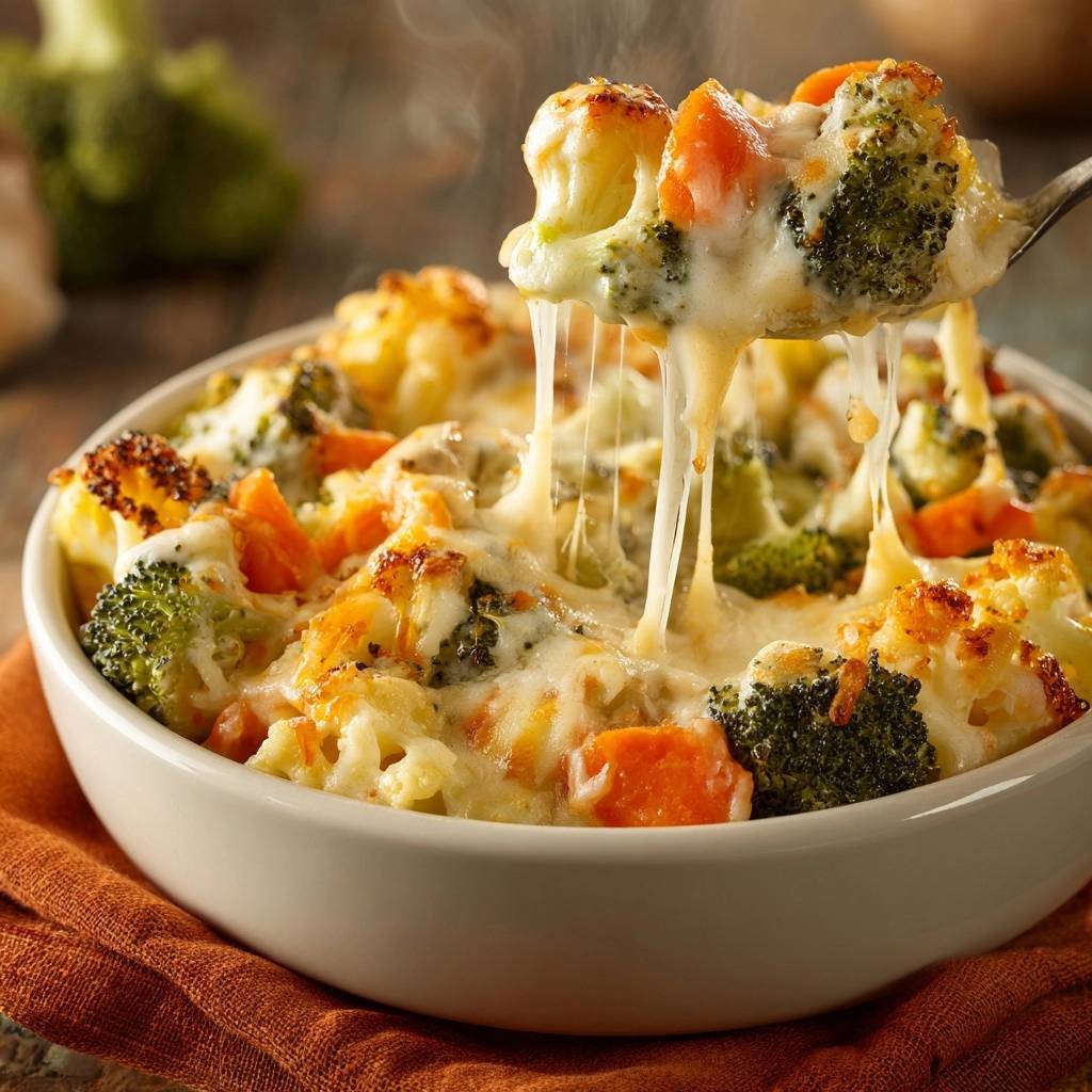 Cheesy roasted broccoli and cauliflower bake with a spoonful lifting, showing melted cheese strings.
