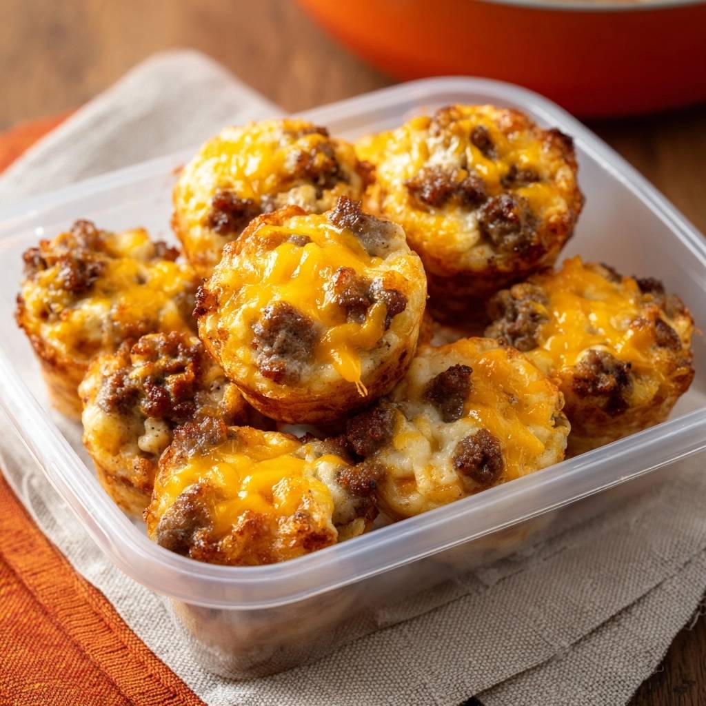 Cheesy sausage breakfast muffins close-up in a clear container, showing golden melted cheddar cheese and browned sausage.